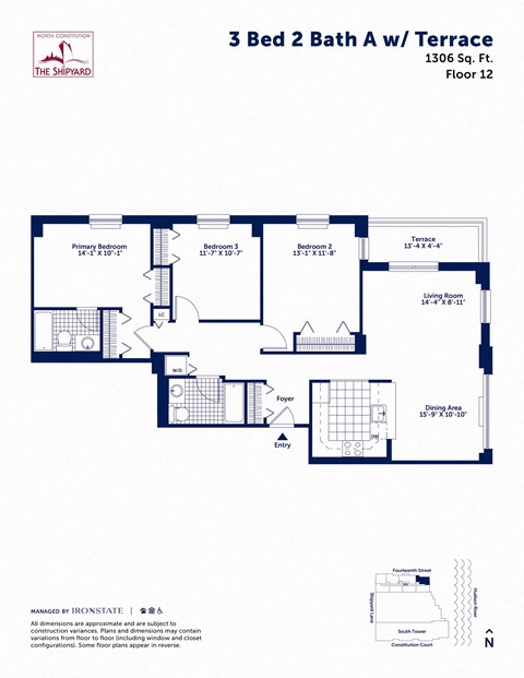 Floor plan for 3 beds, 2 baths, 1306 sqft